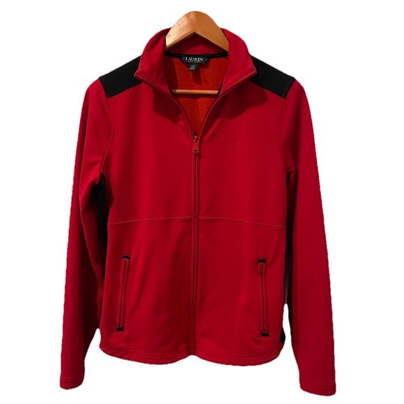 Lauren Ralph Lauren Jacket Women Large Red Black Full Zip Track Pockets - Picture 1 of 10